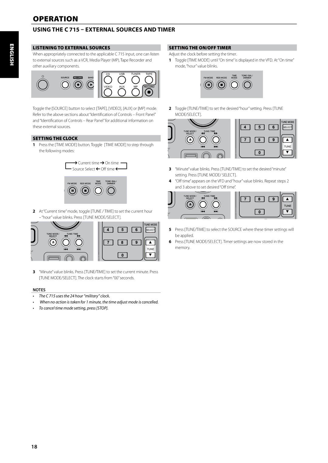 NAD C715 Using the C 715 External Sources and timer, English, Listening to External Sources, Setting the ON/OFF Timer 