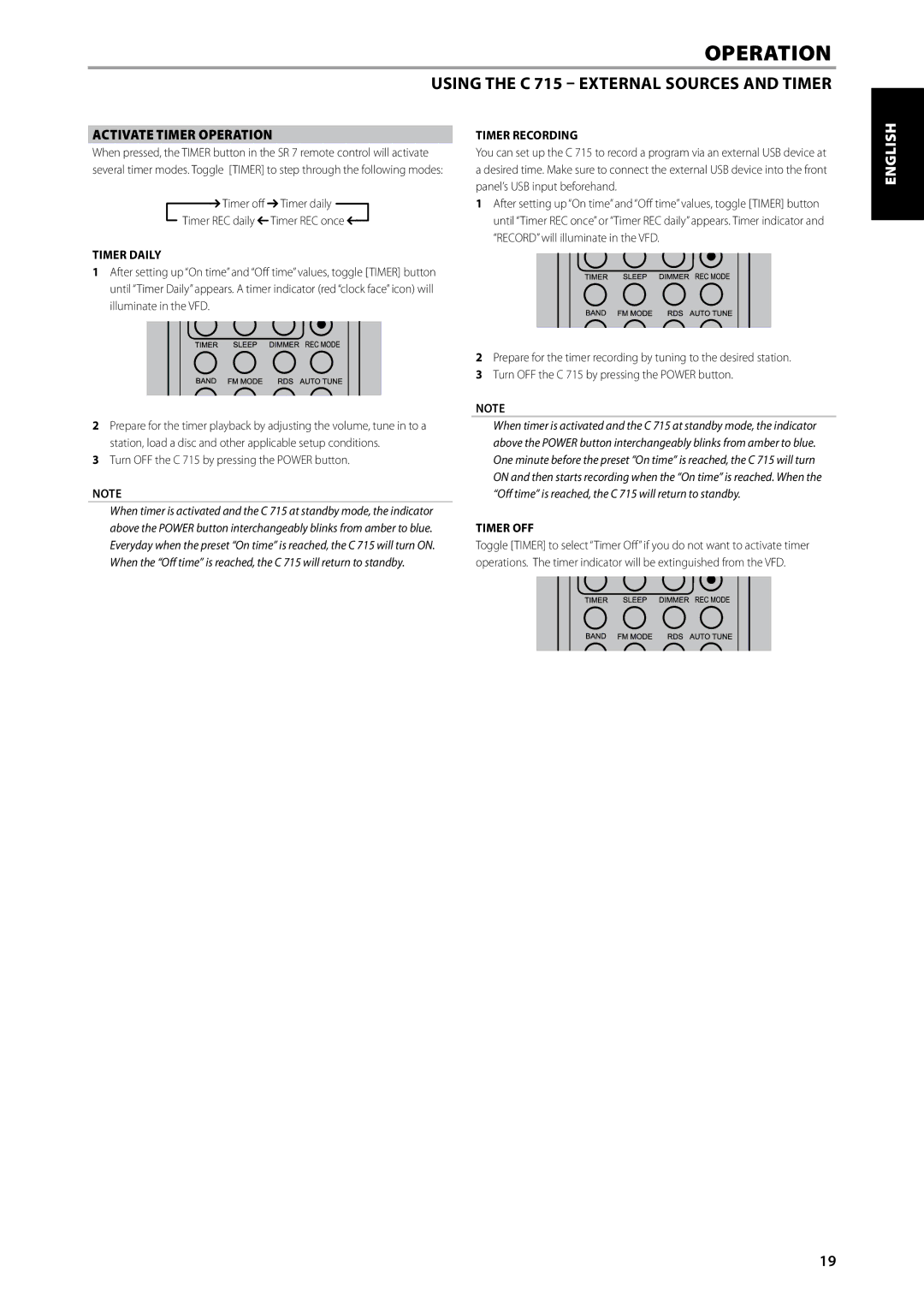 NAD C715 owner manual Activate Timer Operation, Timer Daily, Timer Recording, Timer OFF 