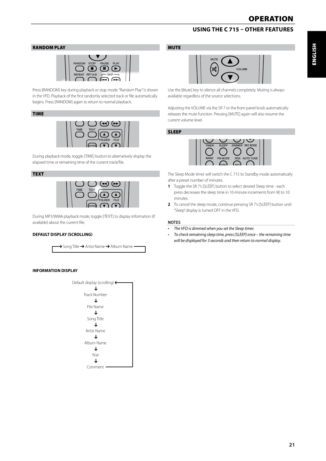 NAD C715 owner manual Random Play, Time, Text, Sleep, Mute 