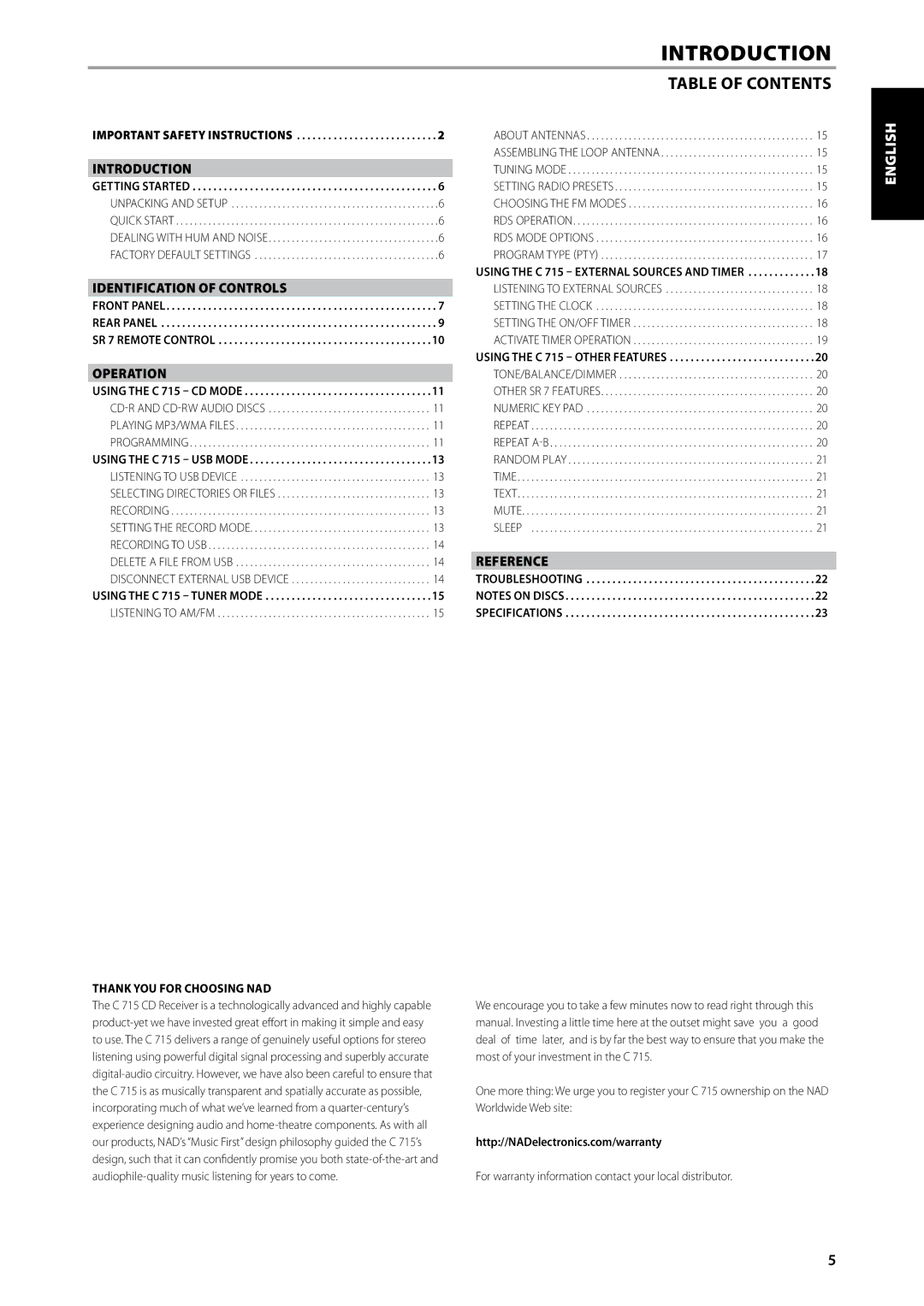 NAD C715 owner manual Introduction, Table of Contents 