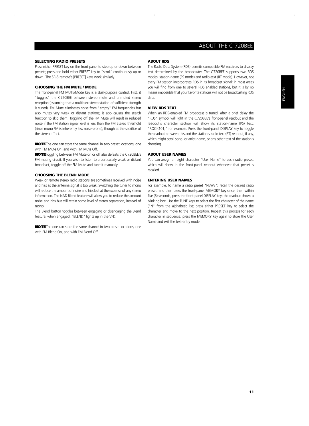 NAD C720BEE Selecting Radio Presets, Choosing the FM Mute / Mode, Choosing the Blend Mode, About RDS, View RDS Text 