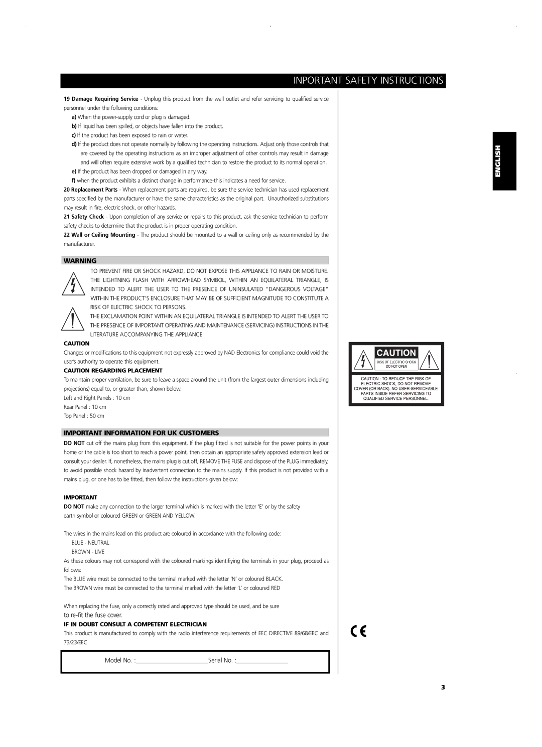 NAD C720BEE owner manual Inportant Safety Instructions, Important Information for UK Customers 