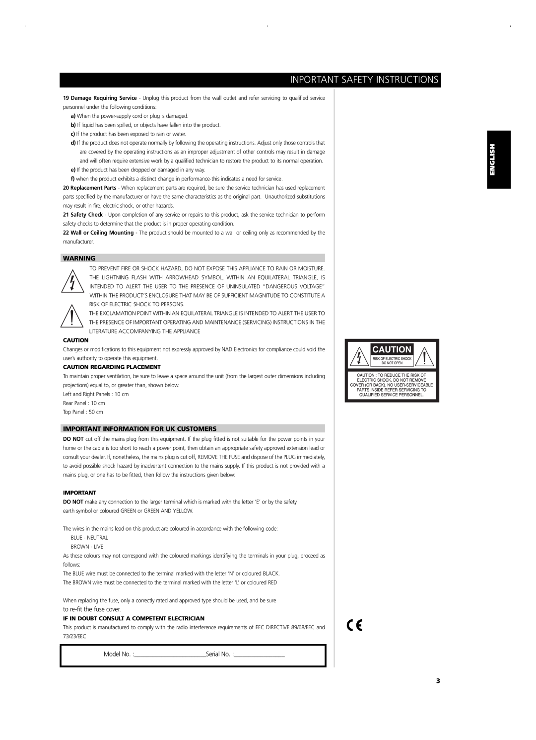 NAD C720BEE owner manual Inportant Safety Instructions, Important Information For Uk Customers, Caution Regarding Placement 