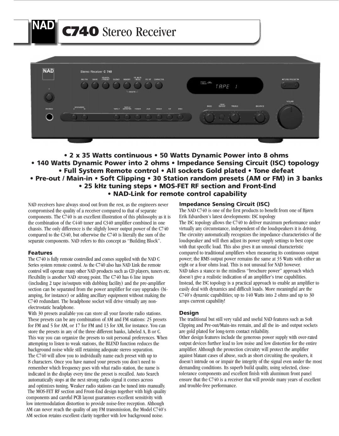 NAD C740 brochure Features, Impedance Sensing Circuit ISC, Design 