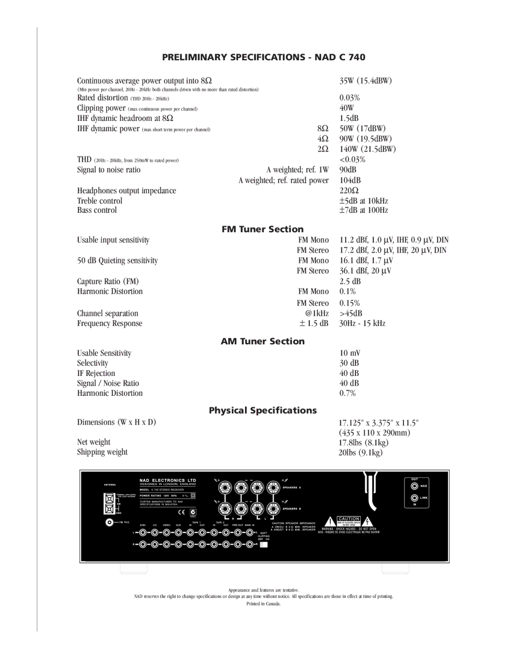 NAD C740 brochure FM Tuner Section, AM Tuner Section, Physical Specifications 