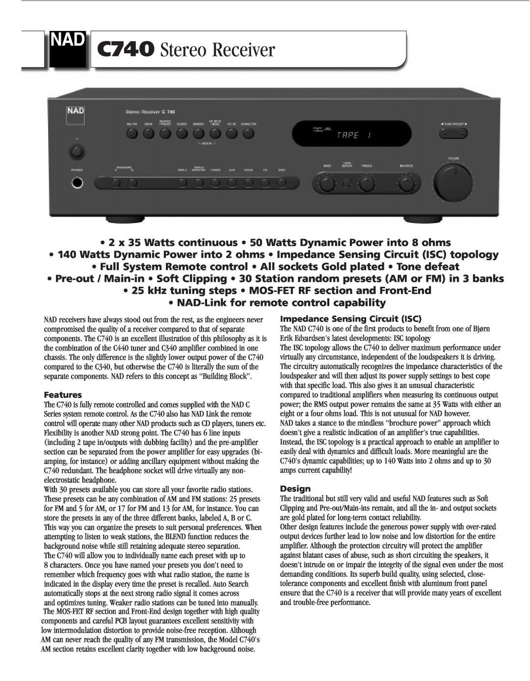 NAD brochure C740 Stereo Receiver 