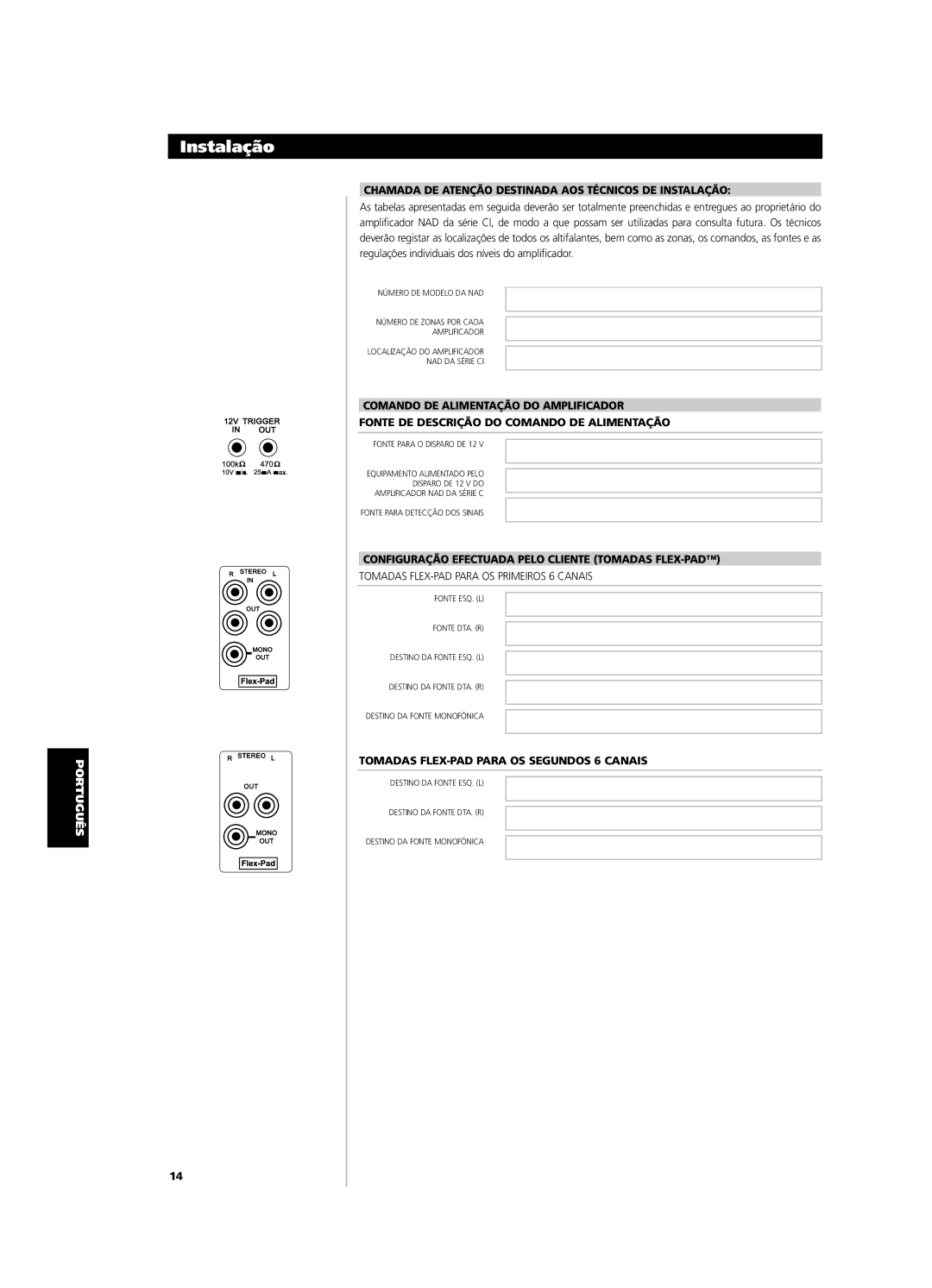 NAD CI9120, CI9060 Configuração Efectuada Pelo Cliente Tomadas FLEX-PAD, Tomadas FLEX-PAD Para OS Segundos 6 Canais 