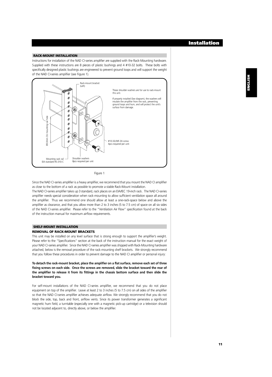 NAD CI9060, CI9120 owner manual RACK-MOUNT Installation, SHELF-MOUNT Installation Removal of RACK-MOUNT Brackets 