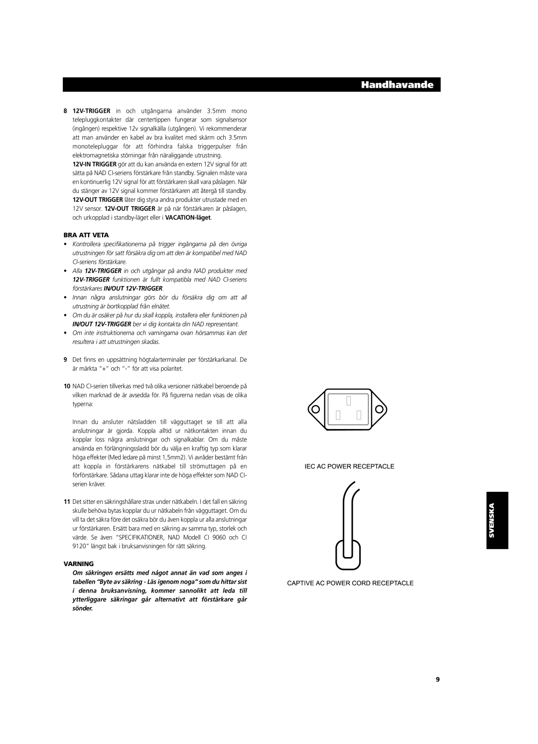 NAD CI9060, CI9120 owner manual BRA ATT Veta, Varning 