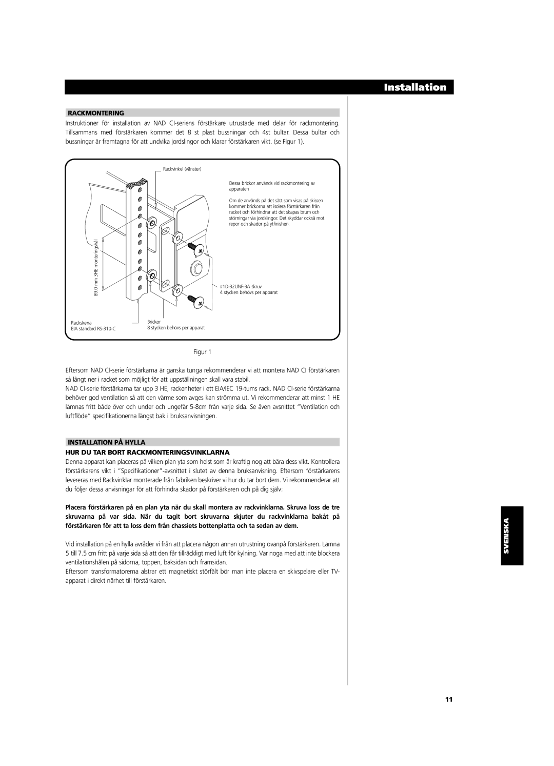 NAD CI9060, CI9120 owner manual Rackmontering, Deutsch Français English 