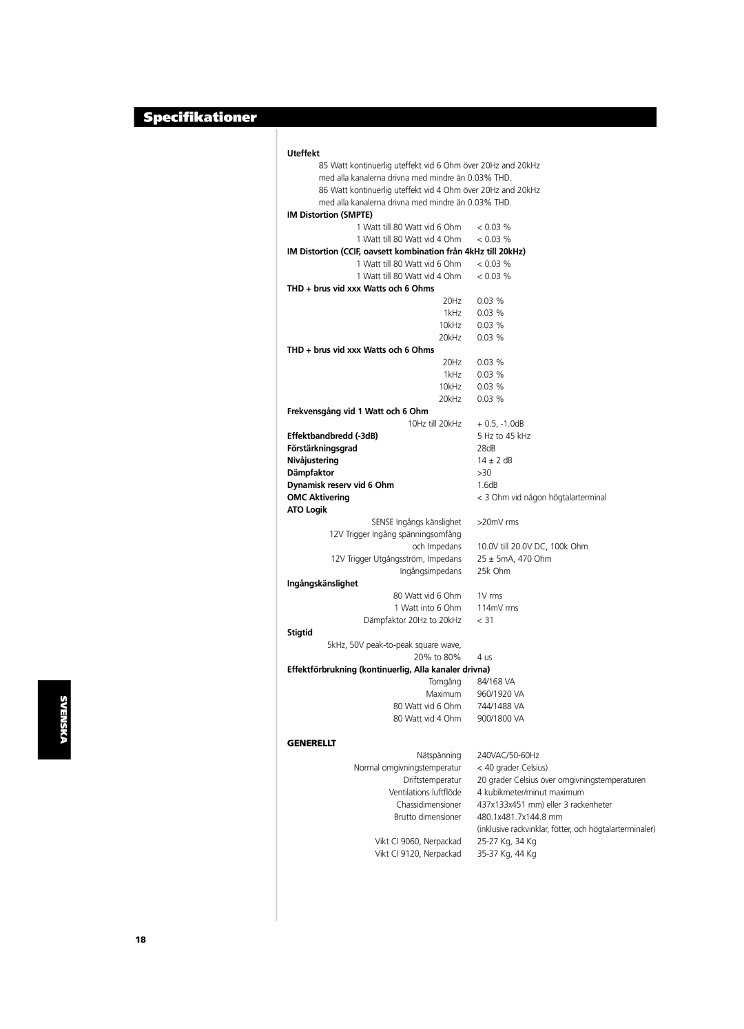 NAD CI9120, CI9060 owner manual Specifikationer, Generellt 