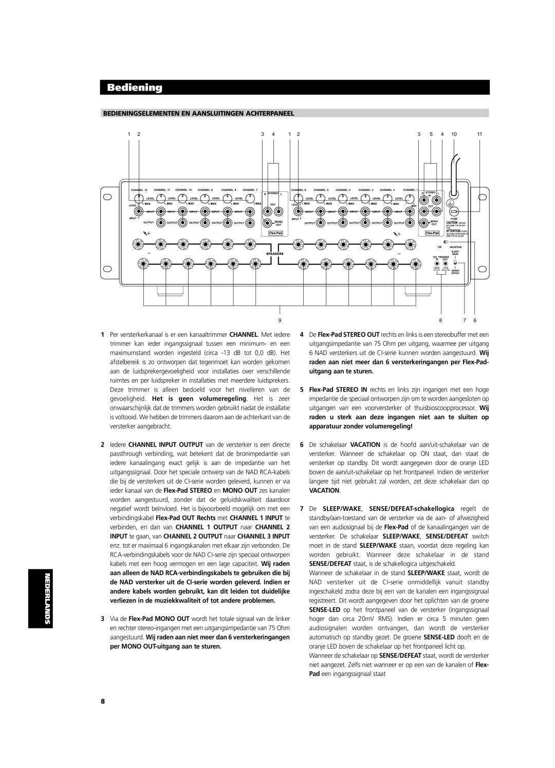 NAD CI9120, CI9060 owner manual Bedieningselementen EN Aansluitingen Achterpaneel, Vacation 