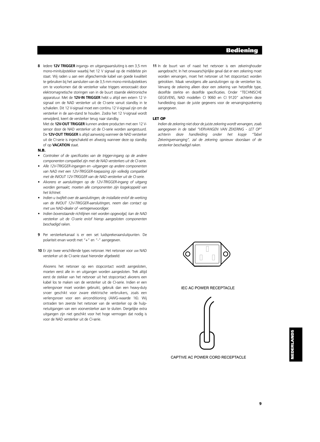 NAD CI9060, CI9120 owner manual Let Op 