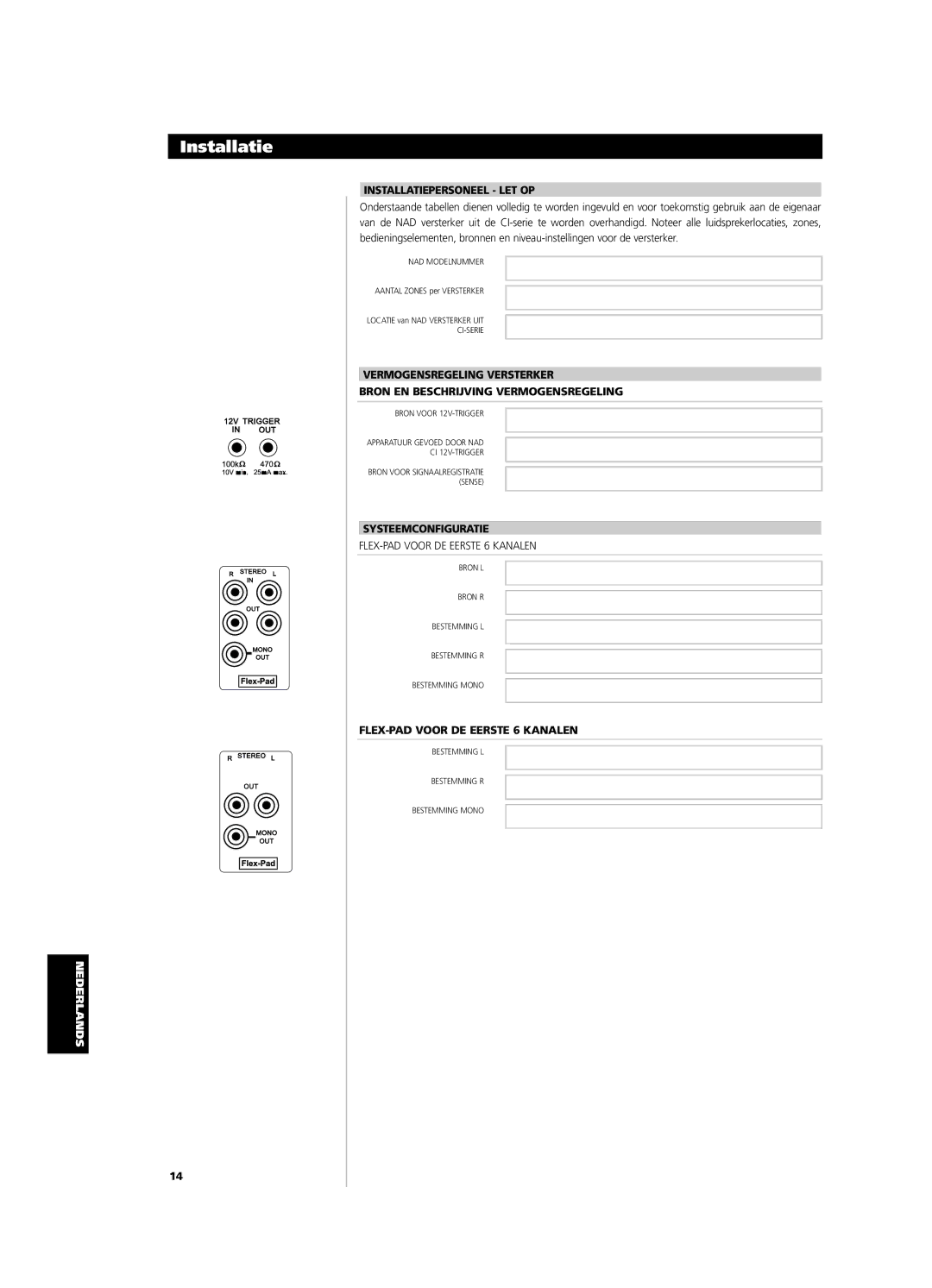 NAD CI9120, CI9060 owner manual Installatiepersoneel LET OP, Systeemconfiguratie, FLEX-PAD Voor DE Eerste 6 Kanalen 