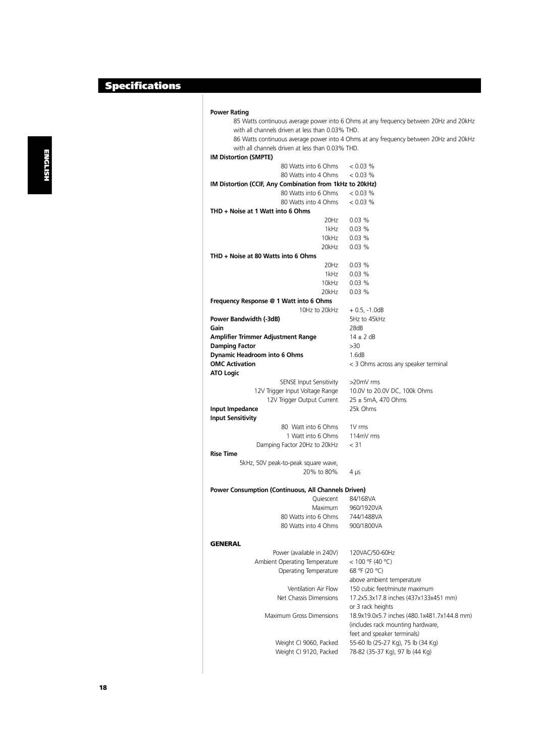 NAD CI9120, CI9060 owner manual Specifications, General 