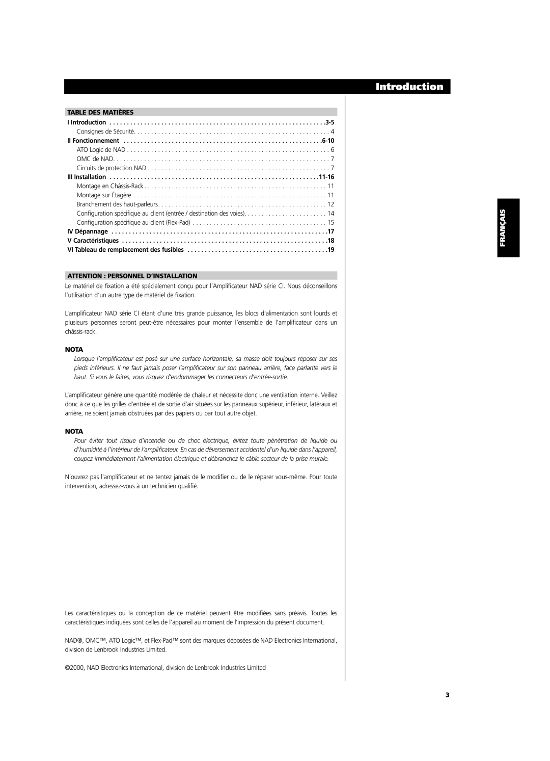 NAD CI9060, CI9120 owner manual Table DES Matières, II Fonctionnement, Nota 