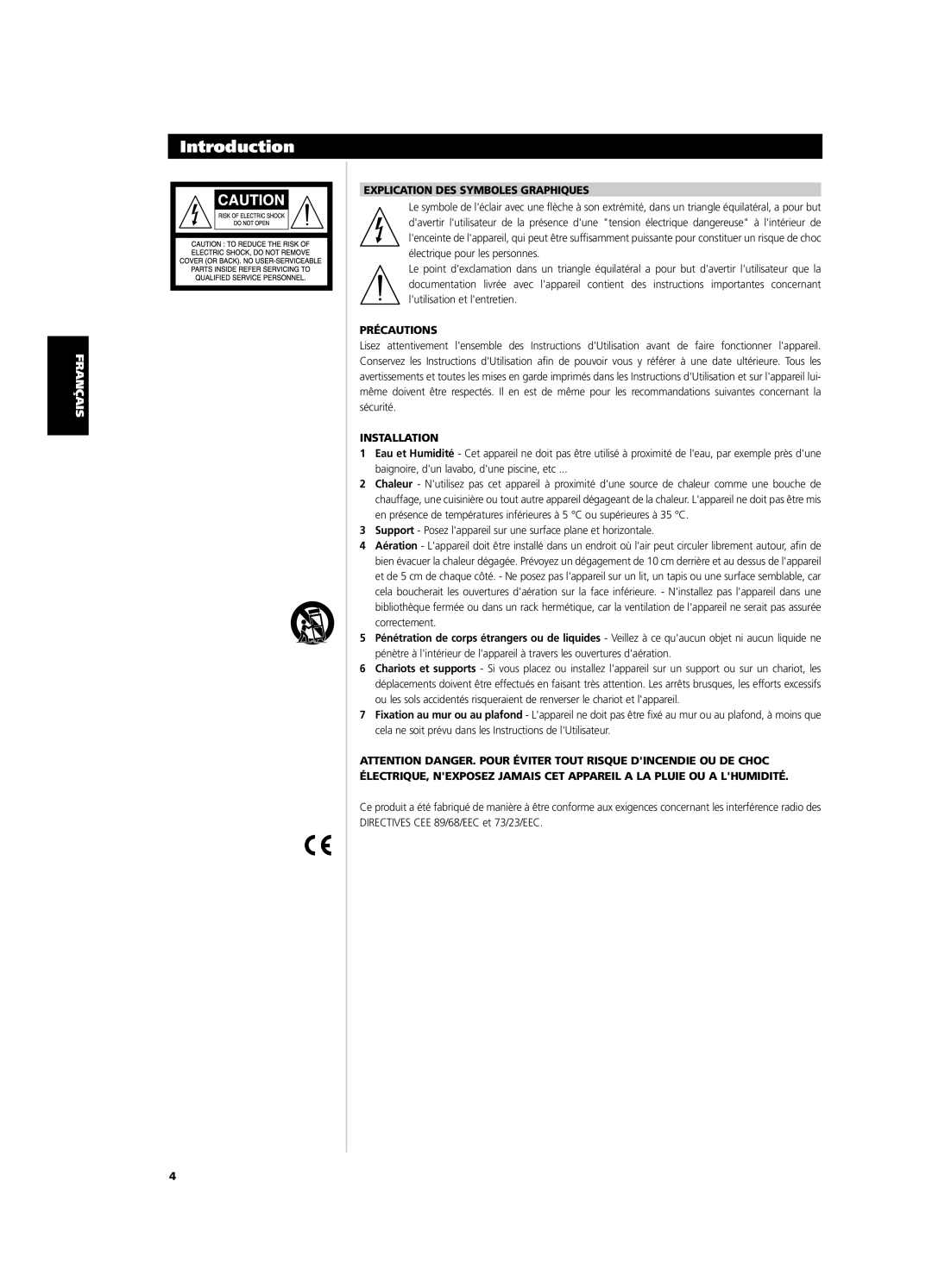 NAD CI9120, CI9060 owner manual Explication DES Symboles Graphiques, Précautions 