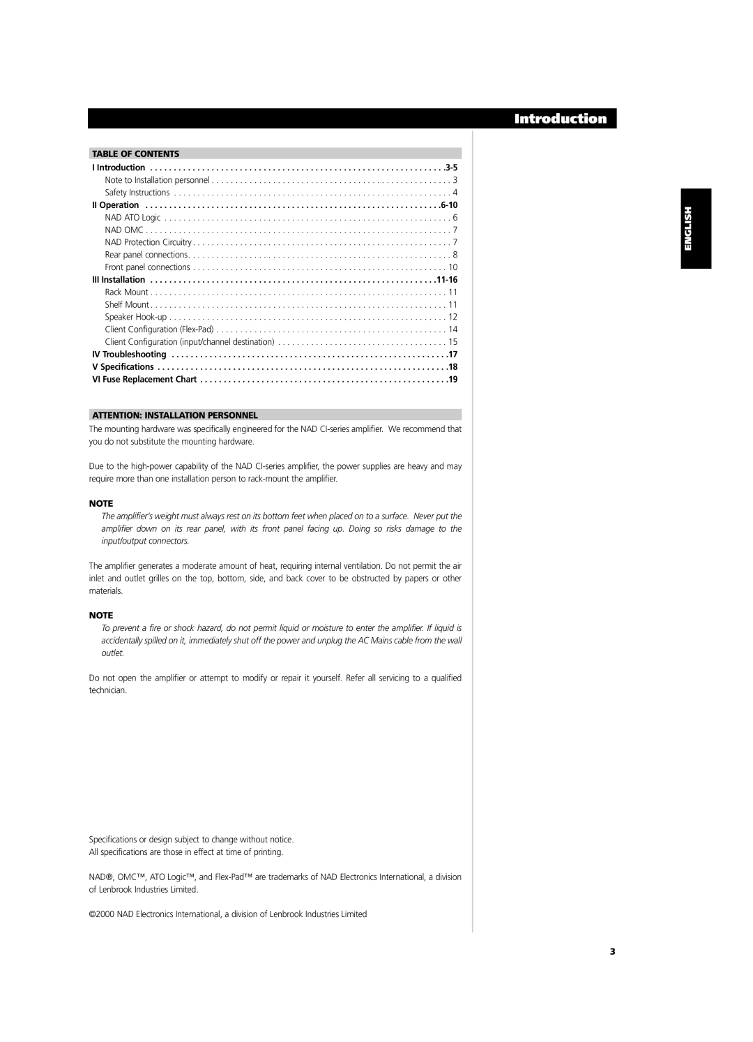 NAD CI9060, CI9120 owner manual Introduction, Table of Contents 