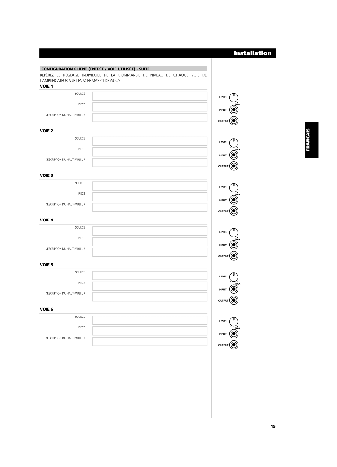 NAD CI9060, CI9120 owner manual Configuration Client Entrée / Voie Utilisée Suite 