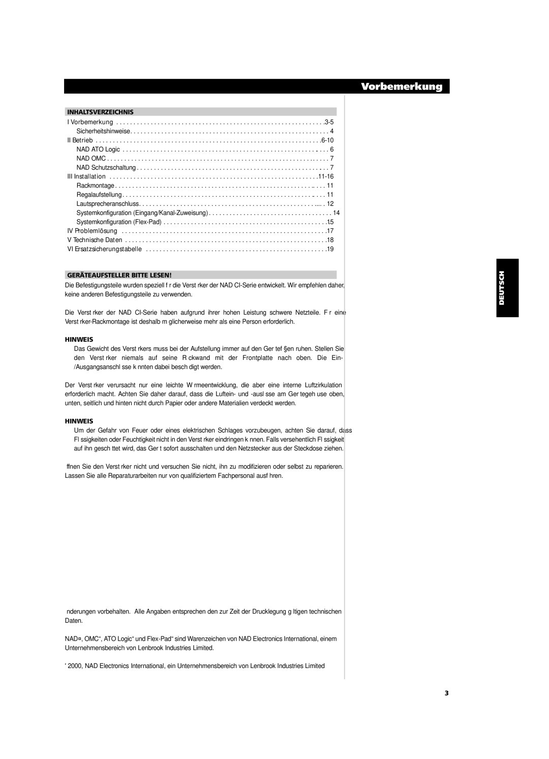 NAD CI9060, CI9120 owner manual Vorbemerkung, Inhaltsverzeichnis, Geräteaufsteller Bitte Lesen, Hinweis 