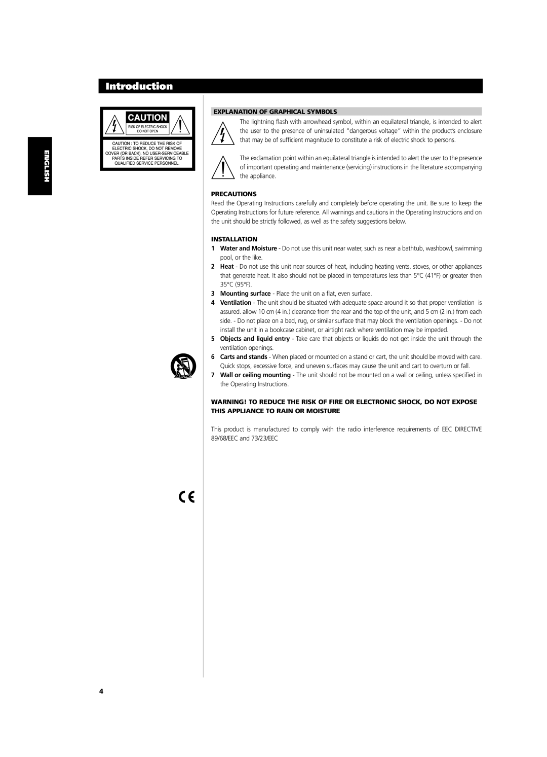 NAD CI9120, CI9060 Explanation of Graphical Symbols, Precautions, Installation, This Appliance to Rain or Moisture 