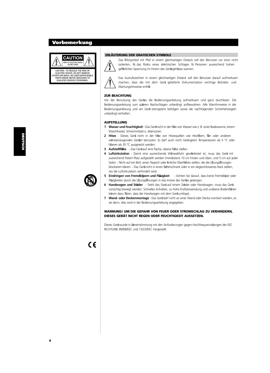 NAD CI9120, CI9060 owner manual Erläuterung DER Grafischen Symbole, ZUR Beachtung, Aufstellung 