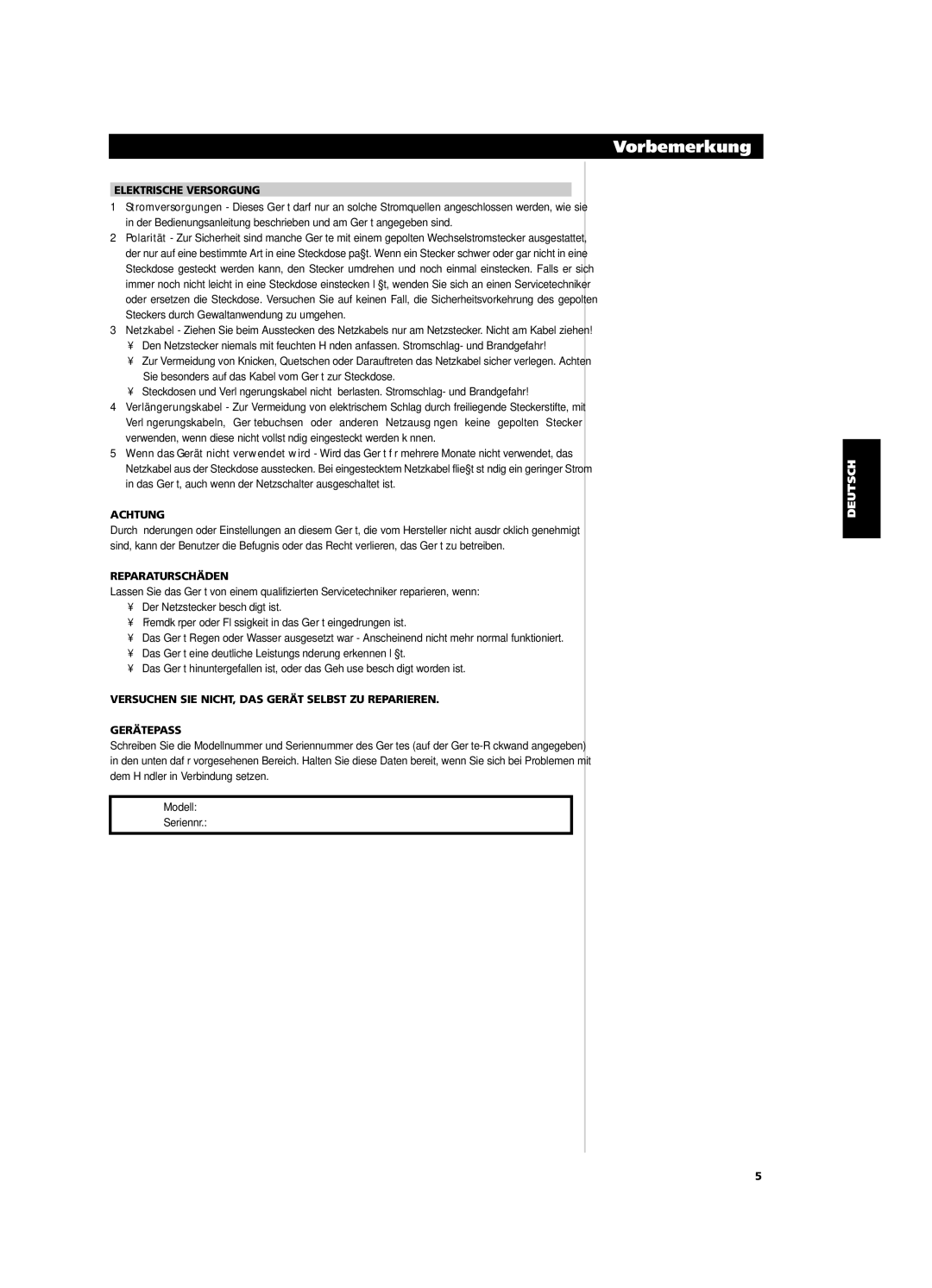 NAD CI9060, CI9120 owner manual Elektrische Versorgung, Achtung, Reparaturschäden 