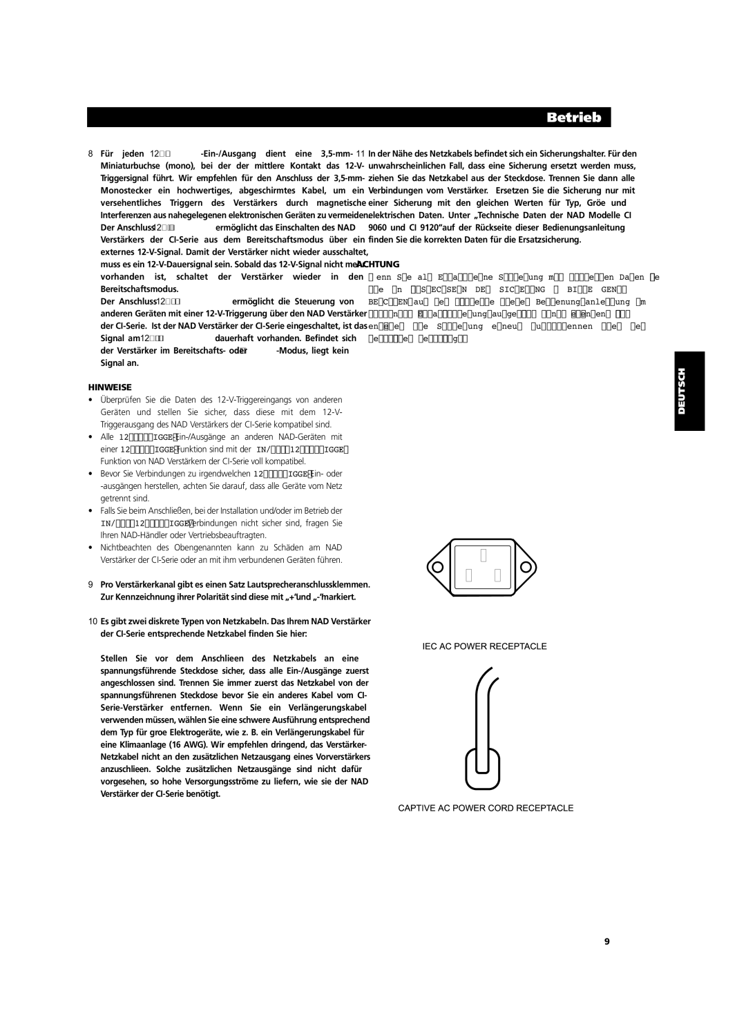 NAD CI9060, CI9120 owner manual Hinweise, Achtung 