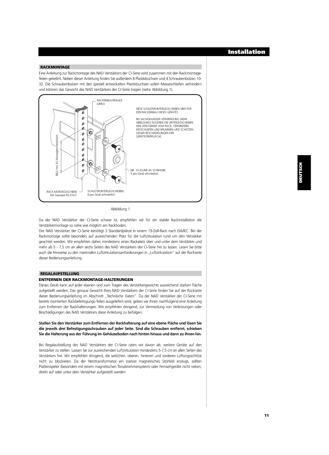 NAD CI9060, CI9120 owner manual Rackmontage, Regalaufstellung Entfernen DER RACKMONTAGE-HALTERUNGEN 