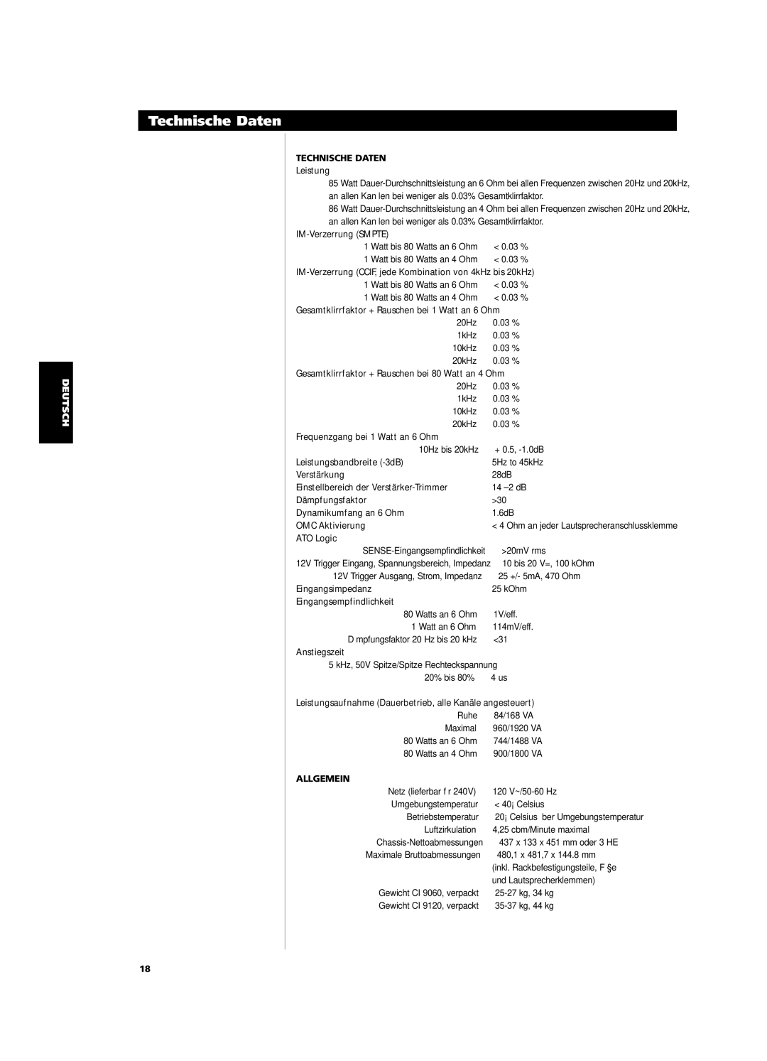 NAD CI9120, CI9060 owner manual Technische Daten, Allgemein 