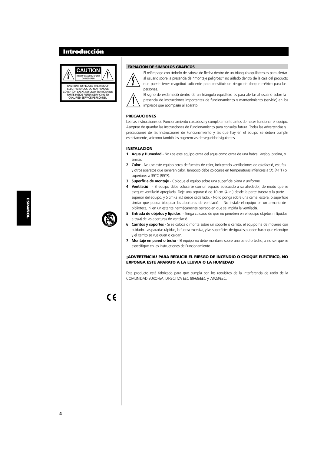 NAD CI9120, CI9060 owner manual Expiación DE Simbolos Graficos, Precauciones, Instalacion 