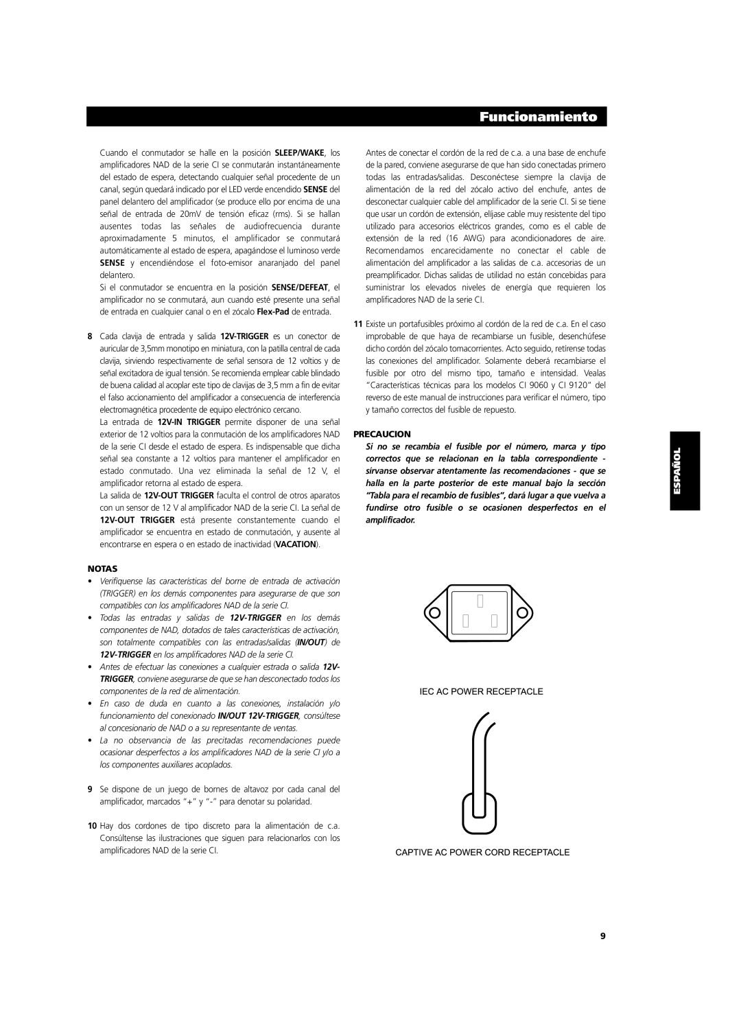 NAD CI9060, CI9120 owner manual Notas, Precaucion 