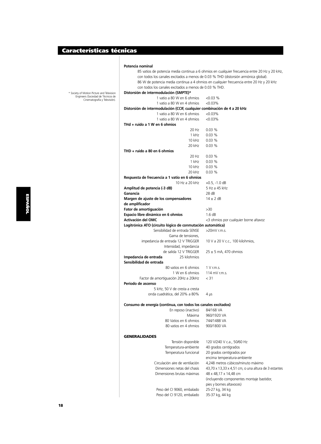 NAD CI9120, CI9060 owner manual Características técnicas, Generalidades 