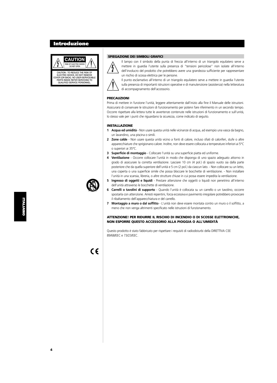 NAD CI9120, CI9060 owner manual Spiegazione DEI Simboli Grafici, Precauzioni, Installazione 