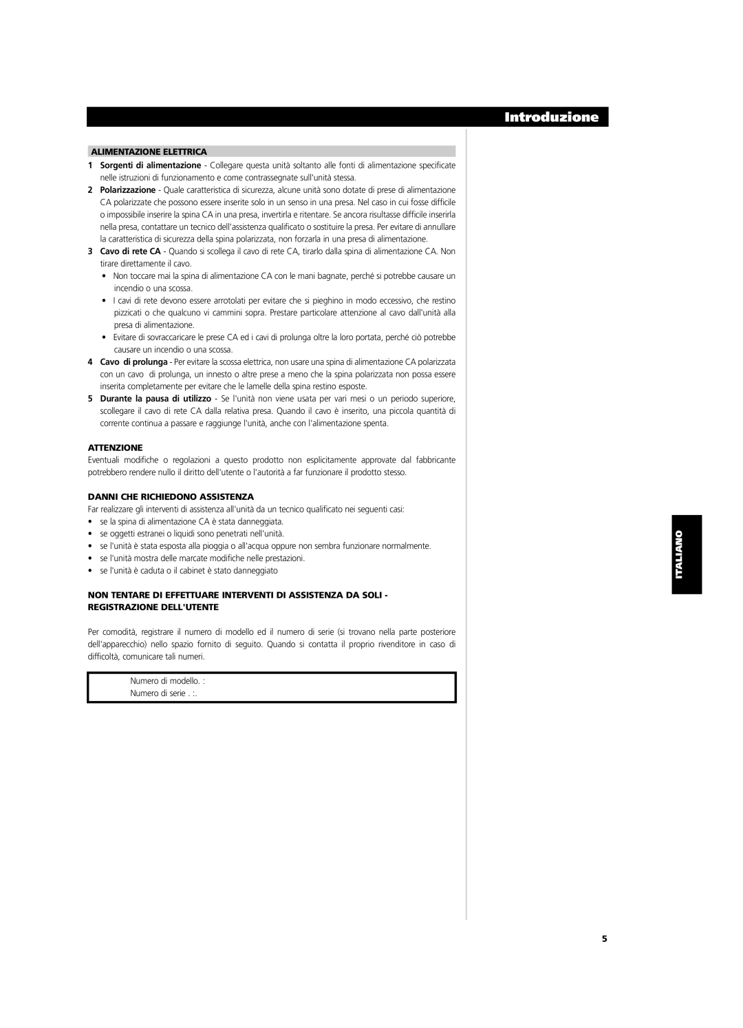 NAD CI9060, CI9120 owner manual Alimentazione Elettrica, Attenzione, Danni CHE Richiedono Assistenza 