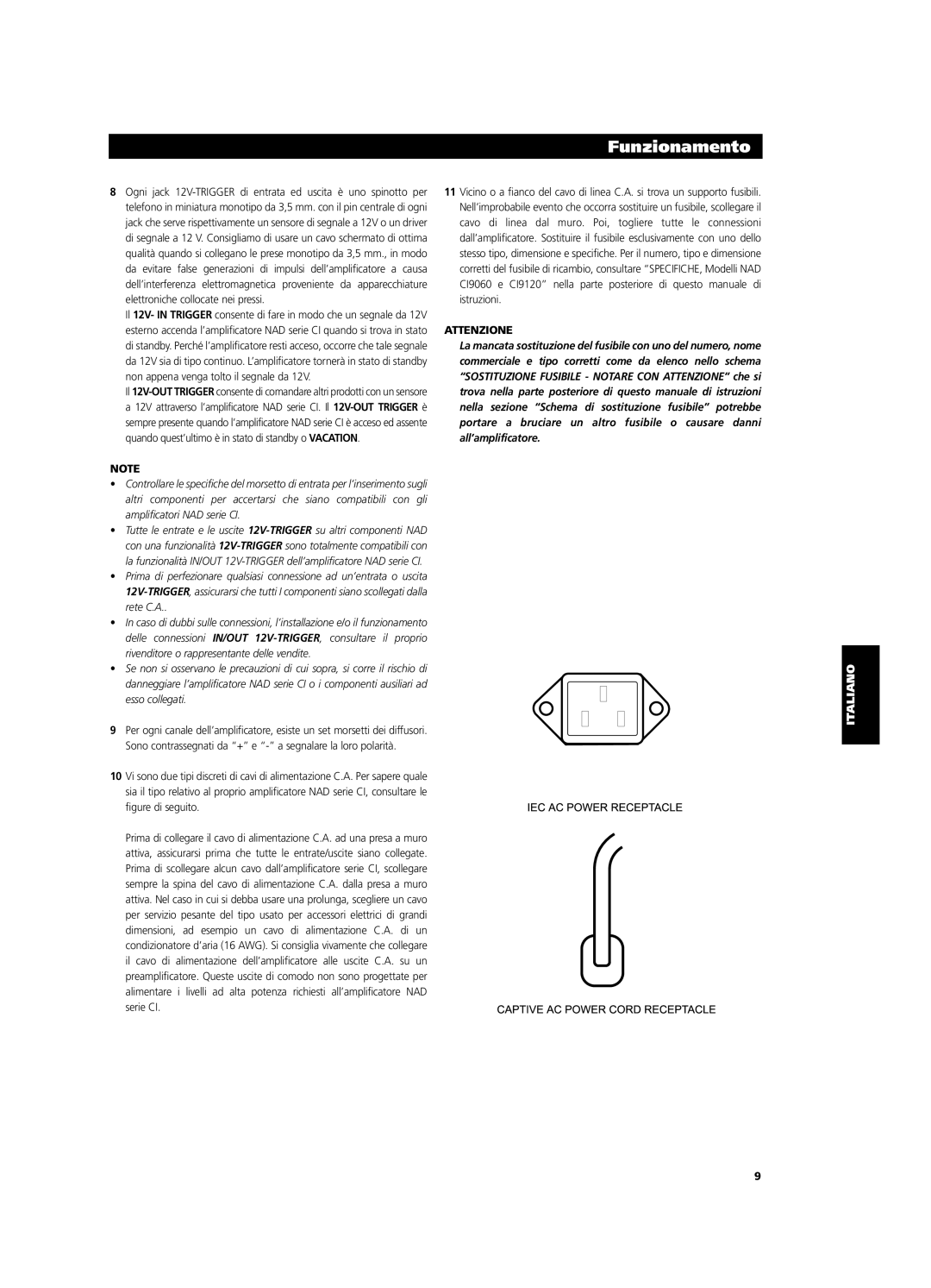 NAD CI9060, CI9120 owner manual Attenzione 