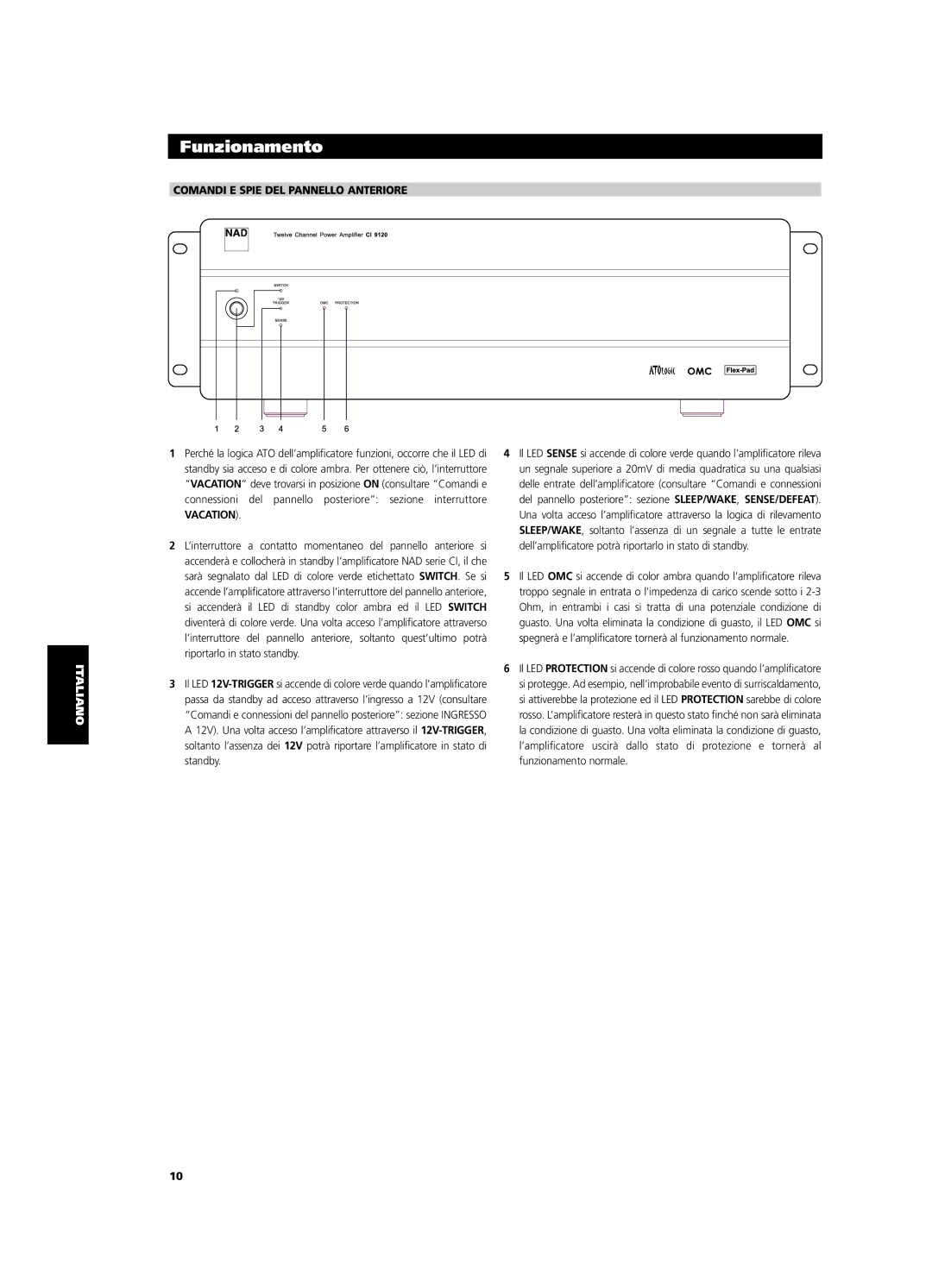 NAD CI9120, CI9060 owner manual Comandi E Spie DEL Pannello Anteriore 