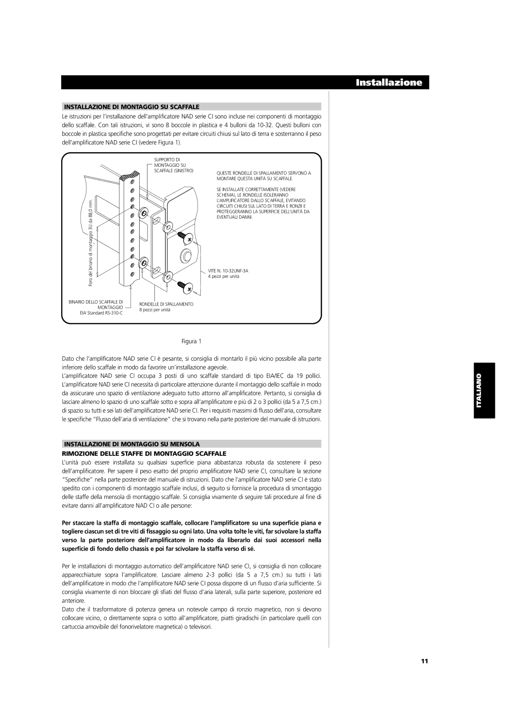 NAD CI9060, CI9120 owner manual Installazione DI Montaggio SU Scaffale 