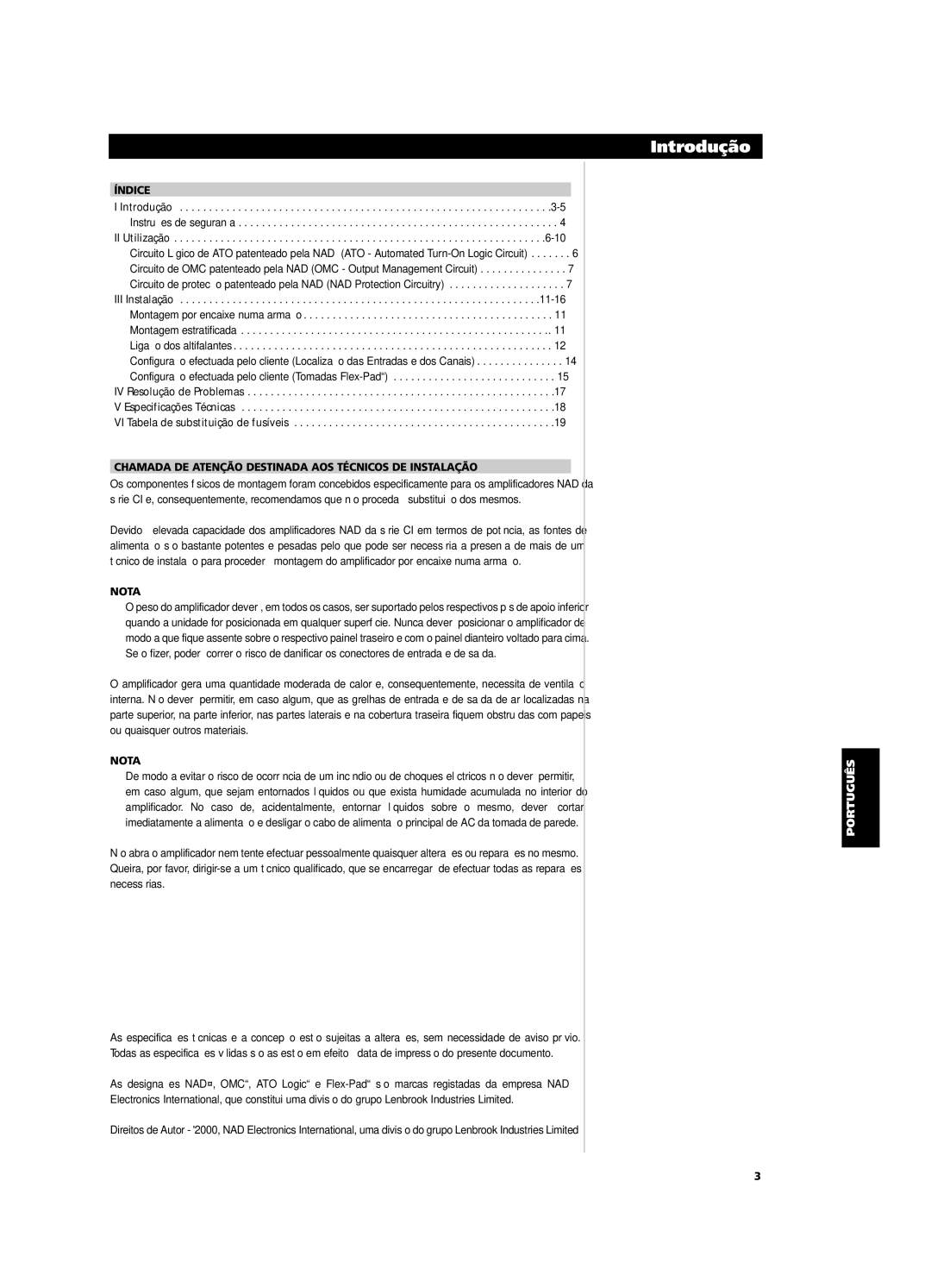 NAD CI9060, CI9120 owner manual Introdução, Índice, Chamada DE Atenção Destinada AOS Técnicos DE Instalação 