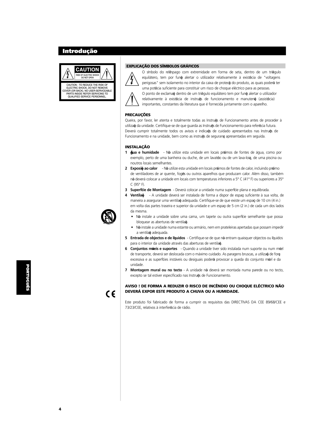 NAD CI9120, CI9060 owner manual Explicação DOS Símbolos Gráficos, Precauções, Instalação 