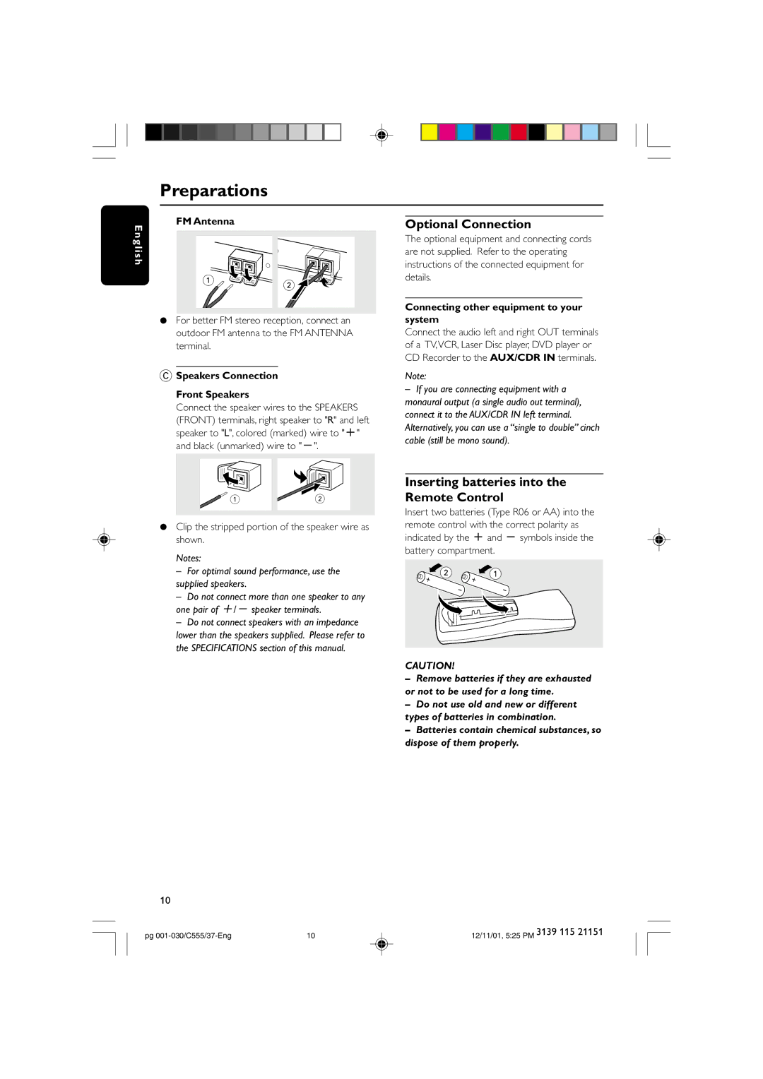 NAD FWC555 warranty Optional Connection, Inserting batteries into the Remote Control, FM Antenna 