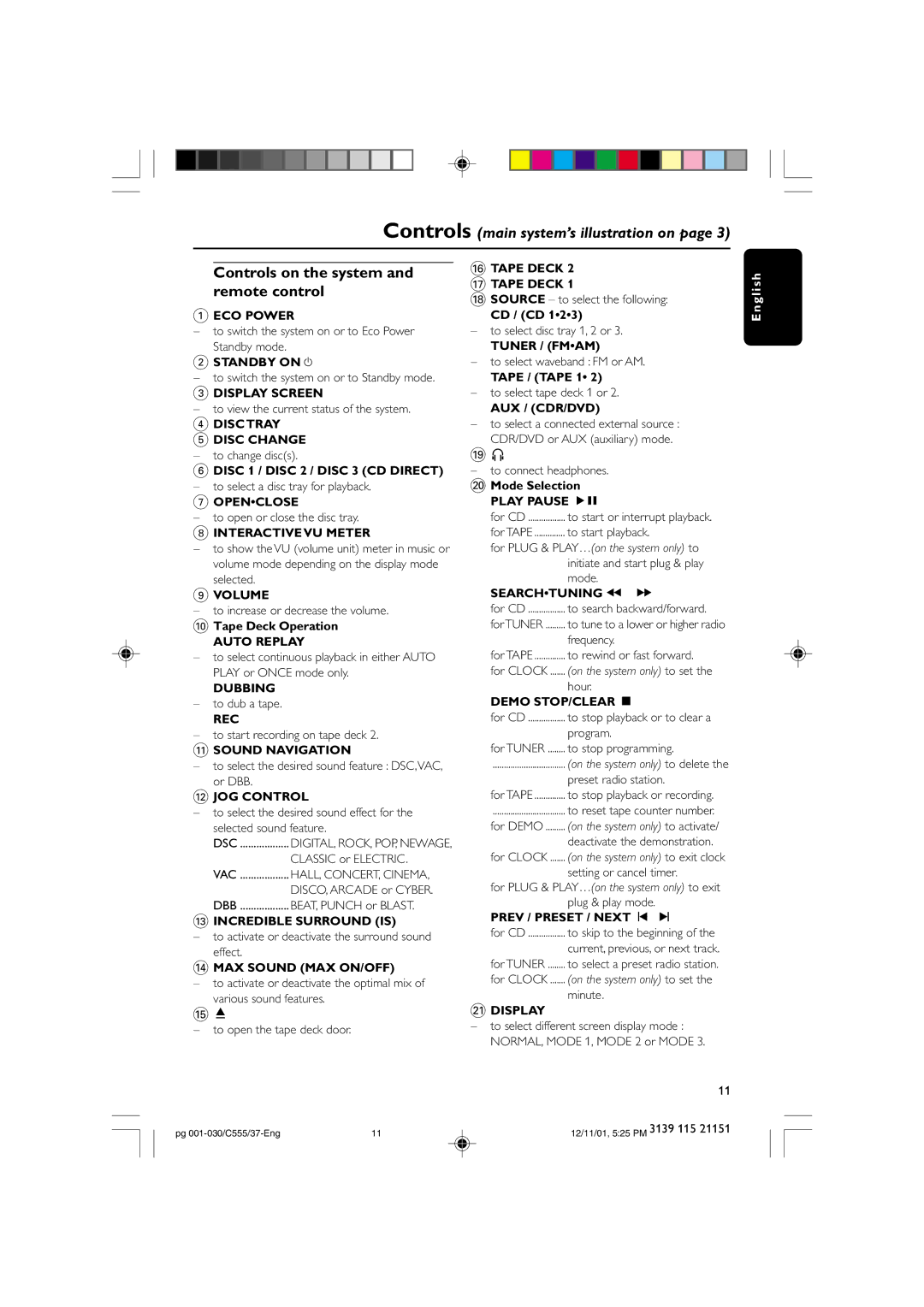 NAD FWC555 warranty Controls on the system, Remote control 