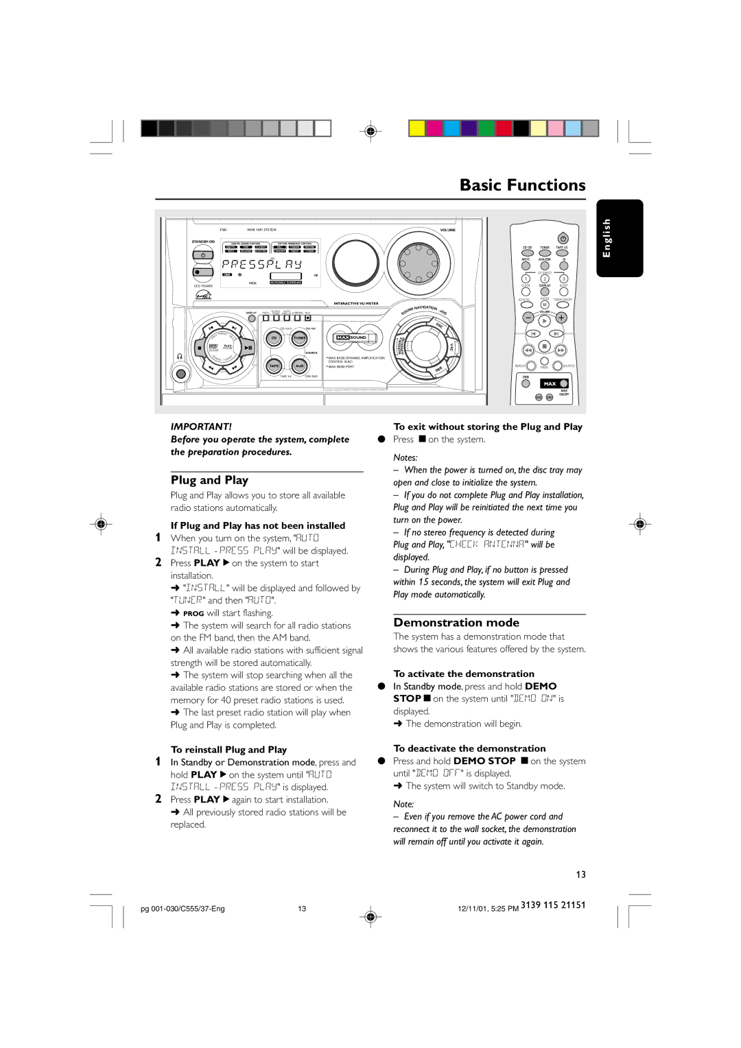 NAD FWC555 warranty Basic Functions, Plug and Play, Demonstration mode 