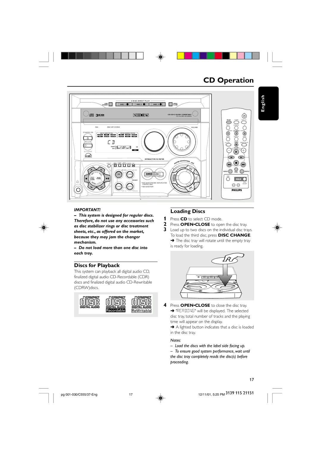 NAD FWC555 warranty CD Operation, Discs for Playback, Loading Discs, Press Openclose to close the disc tray 