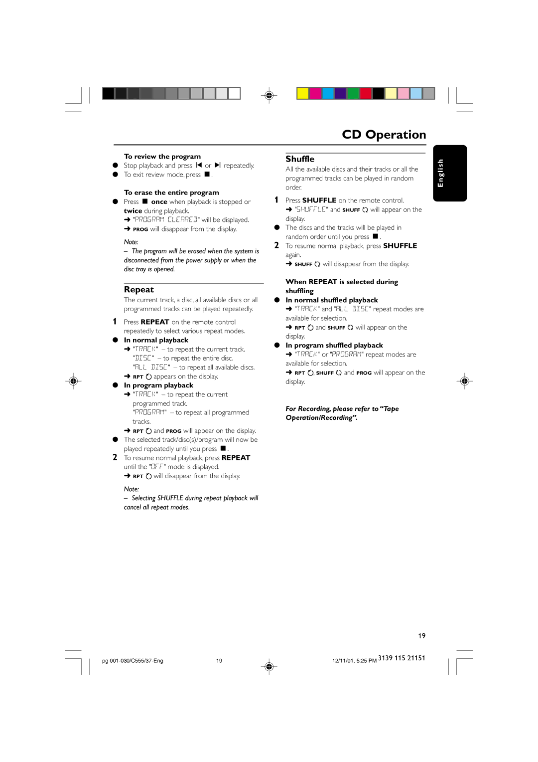 NAD FWC555 warranty Shuffle, Repeat 