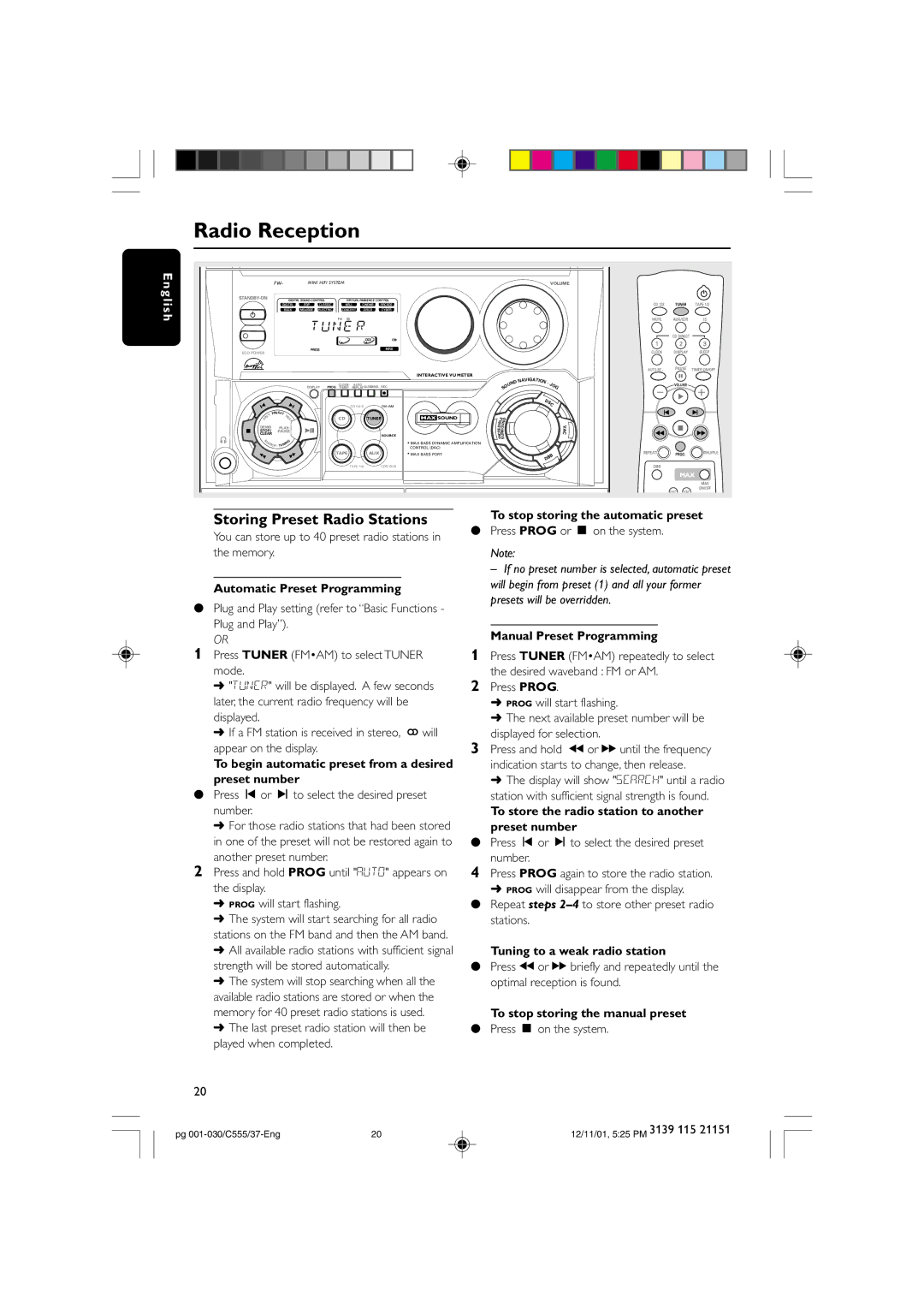 NAD FWC555 warranty Radio Reception, Storing Preset Radio Stations 