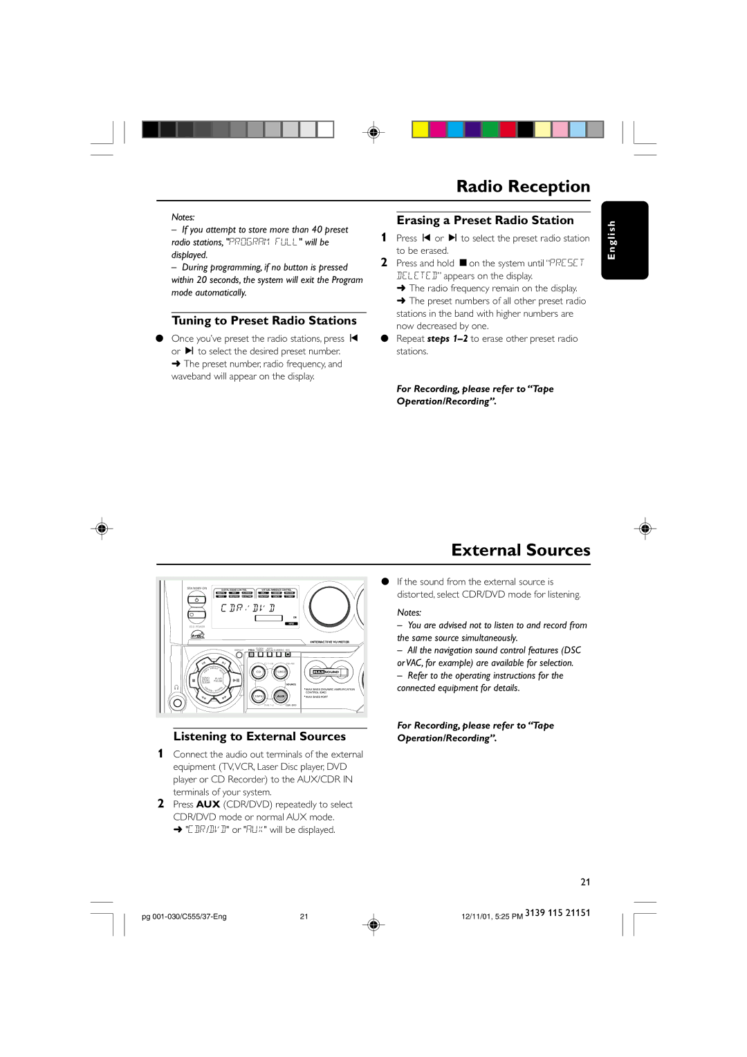 NAD FWC555 warranty External Sources, Tuning to Preset Radio Stations, Erasing a Preset Radio Station 