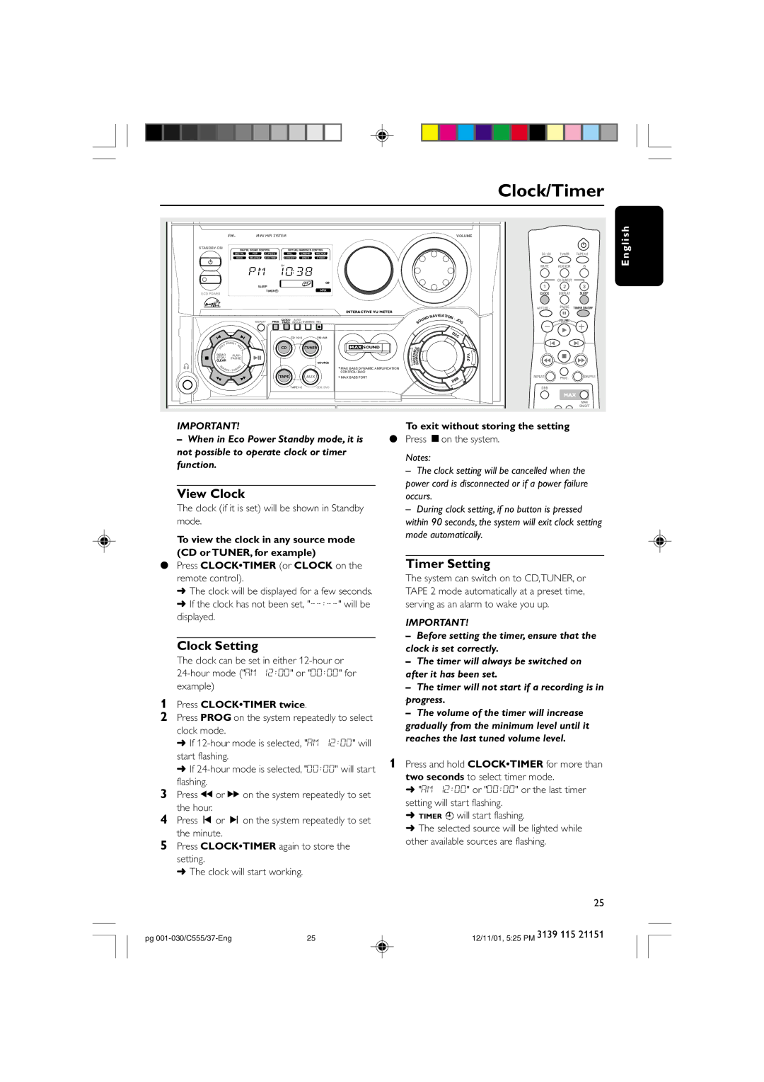 NAD FWC555 warranty Clock/Timer, View Clock, Clock Setting, Timer Setting 