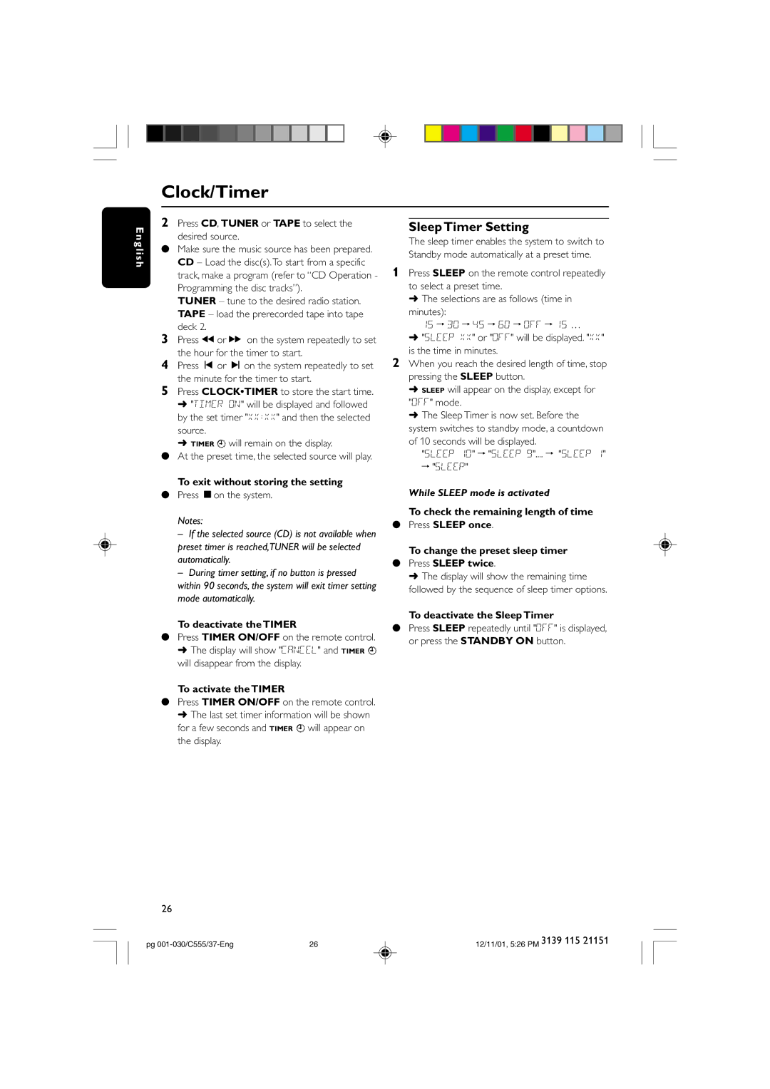 NAD FWC555 warranty Sleep Timer Setting, To deactivate the Timer, To activate the Timer, To deactivate the Sleep Timer 