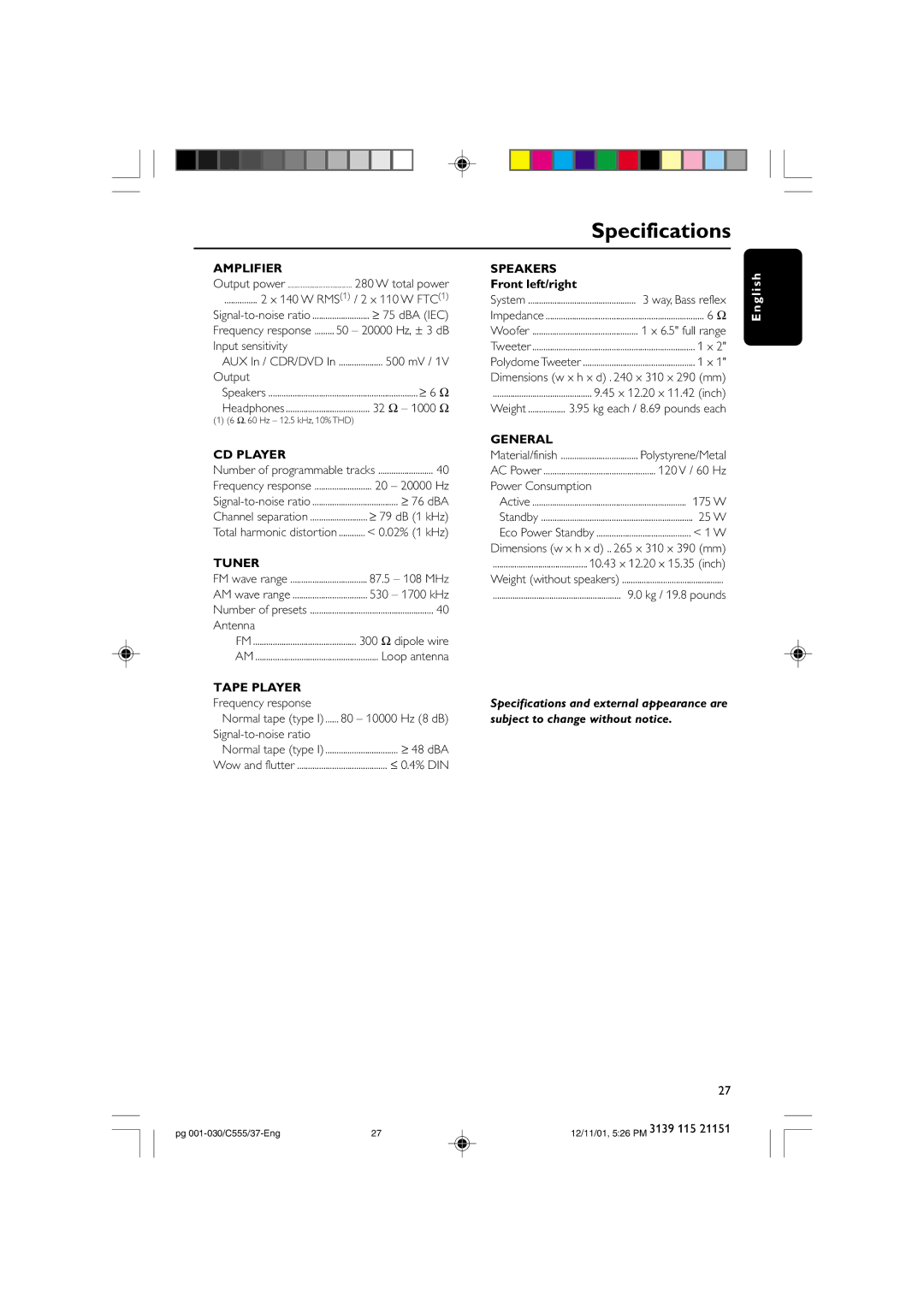 NAD FWC555 warranty Specifications 